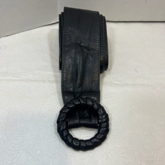 Vintage Handmade Black Leather Wide Belt 35" - Picture 4 of 11